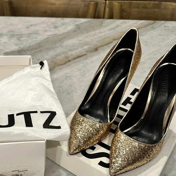 Schutz Gold Glitter Heels - 8 - NEW - Picture 6 of 7